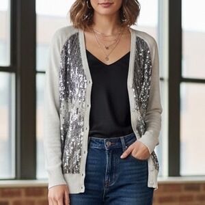 Haute Hippie Women S Beigue Sequined VNeck Eclectic Bling Luxe Cardigan Sweater
